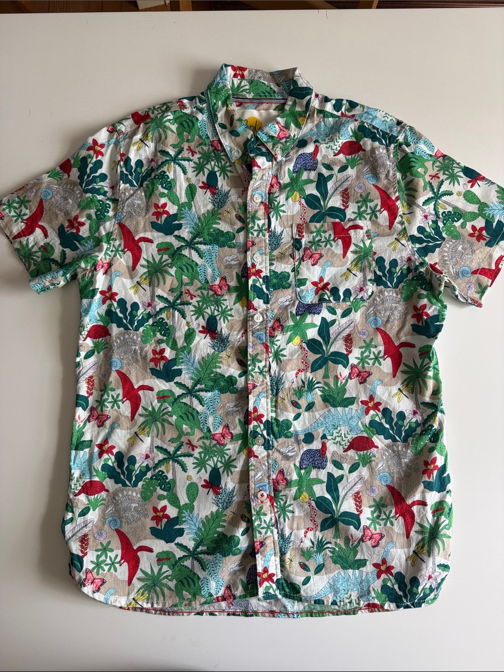 Mini Boden Dinosaur Tropical Linen Short-Sleeve Button-Down Sz 13-14, 164 cm EUC